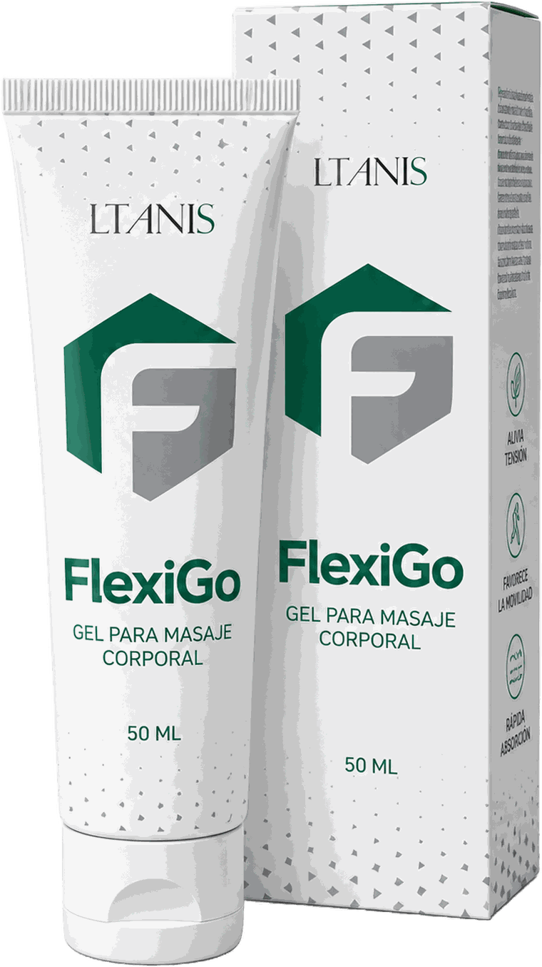 LTANIS FlexiGo Gel, envase de gel para masaje corporal de 50 ml con su estuche